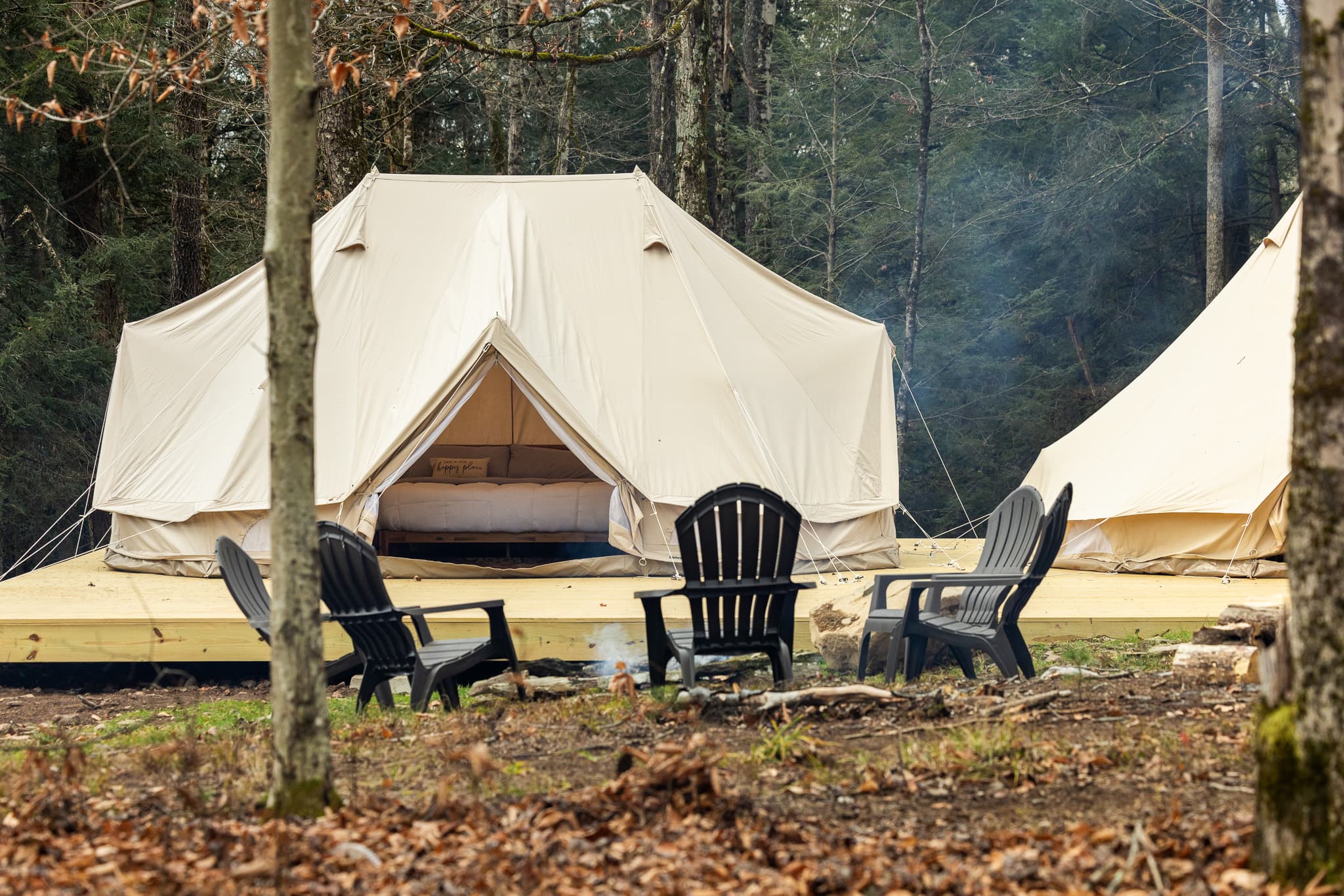 Glamping bell tent in the woods at Bethel Woods Retreat
